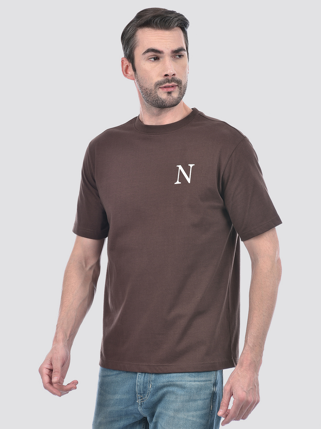 Numero Uno Men's Half Sleeve Oversized Brown Round Neck T-Shirt